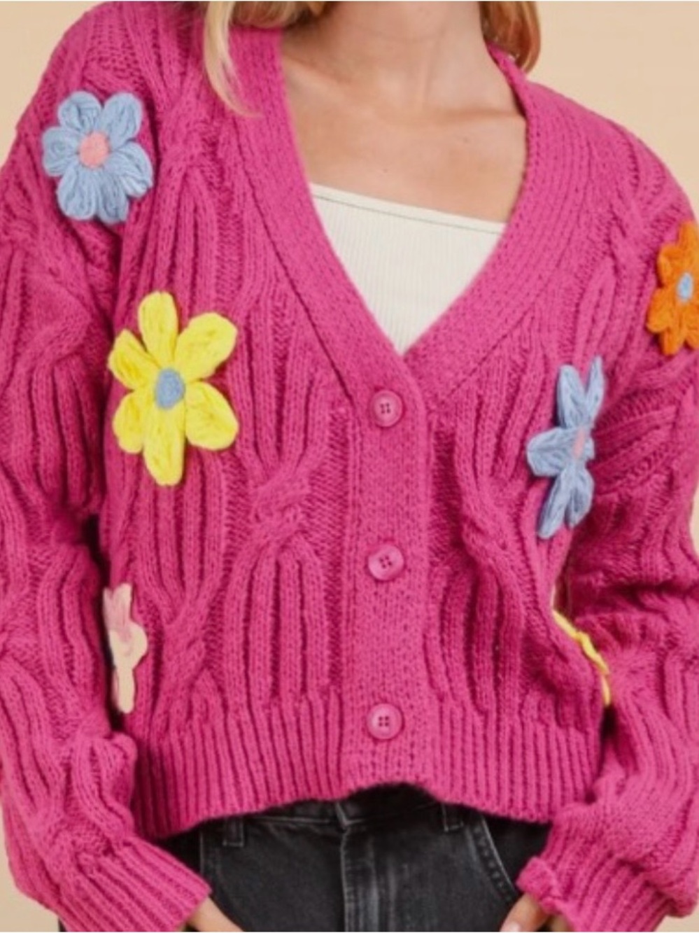 Women's Pink Floral Appliqué Cable-Knit Cardigan NWT